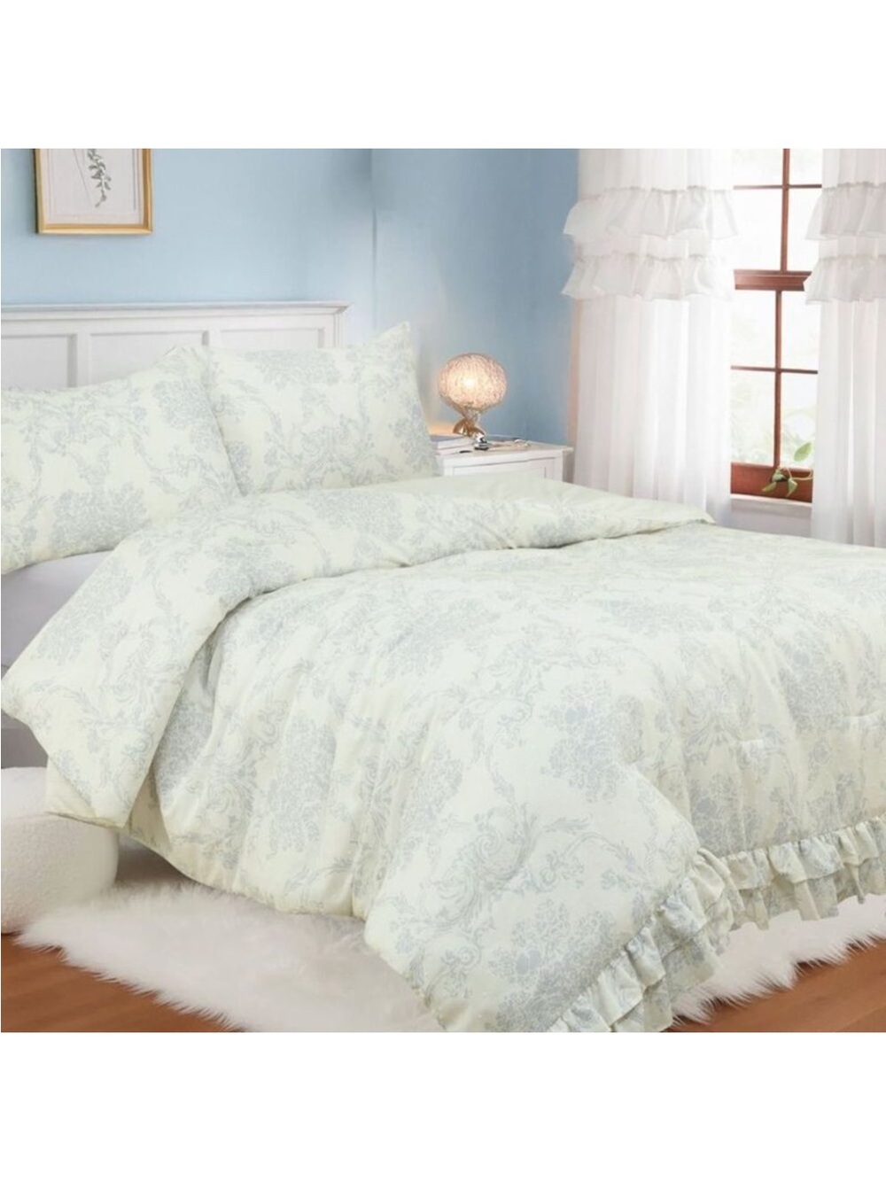NEW! Harlow & Wren - Full/Queen Ruffle Comforter
Set, Blue Floral, French Toile